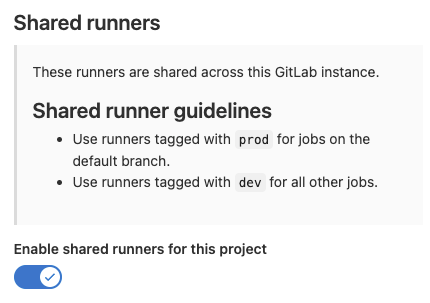 A project's runner settings shows a message about shared runner guidelines.