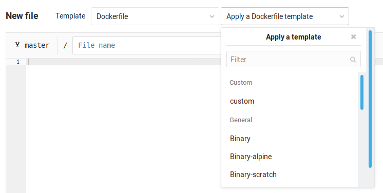 The GitLab UI for creating a new file, with a dropdown list displaying the Dockerfile templates to choose from.